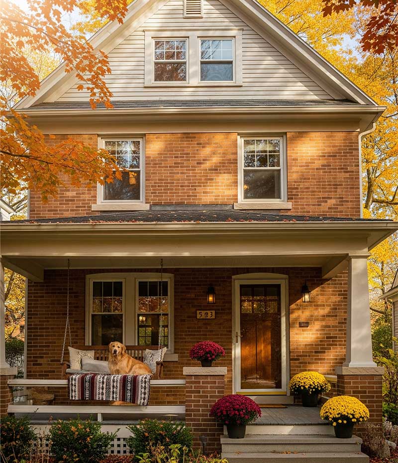 a home in the fall with a golden retriever on the porch.