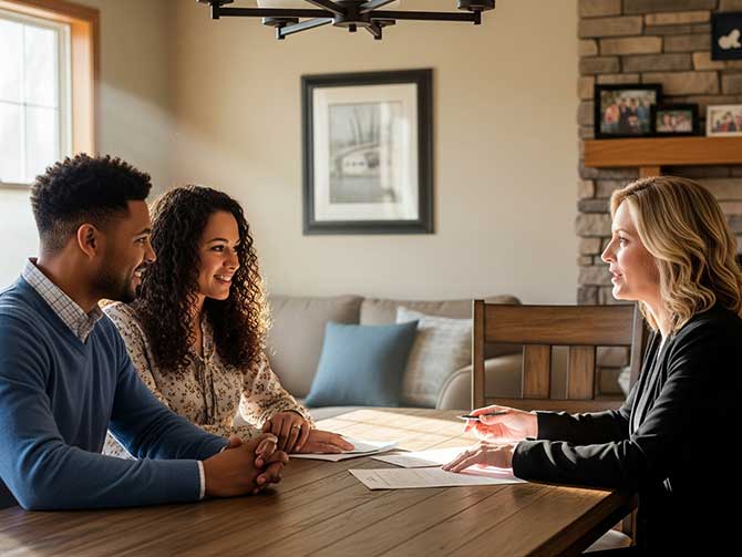 A couple sits at the table with their realtor
