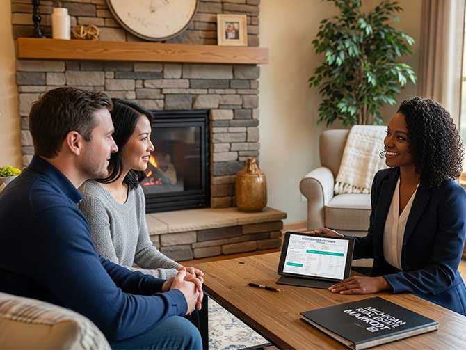 A realtor presents the market report to her clients.