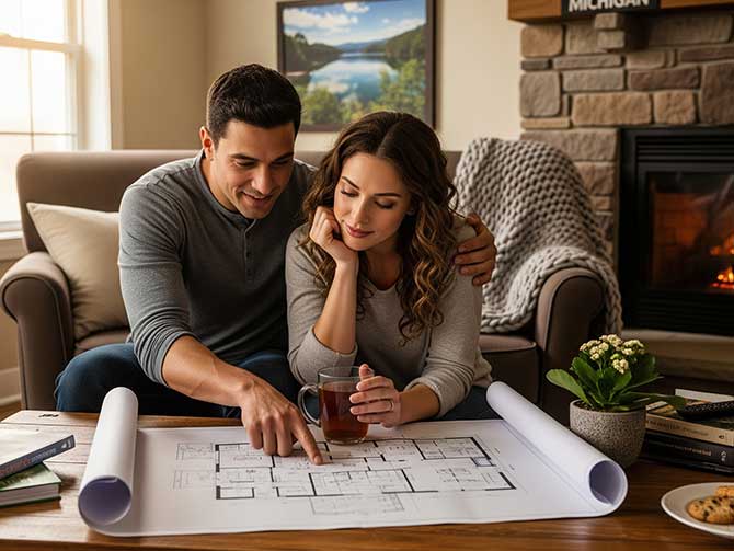 A couple sits together and reviews a floor plan