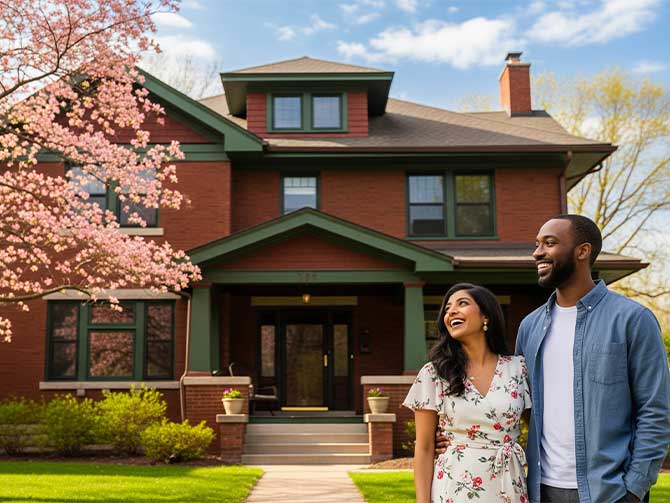 A couple smiles outside of a two story home in the spring time.