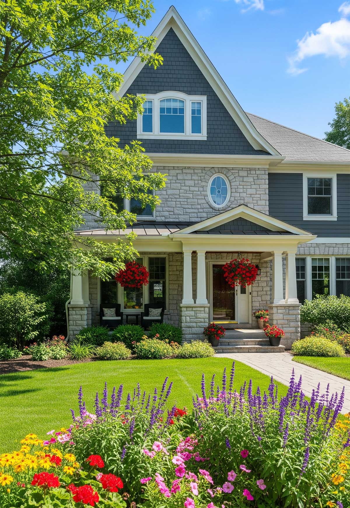 a multi story home with beautiful gardens and hanging baskets. 