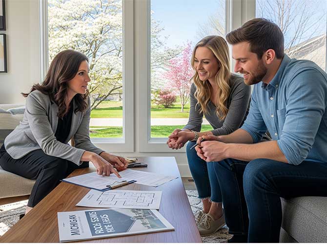 sellers sit with their realtor in the spring time.