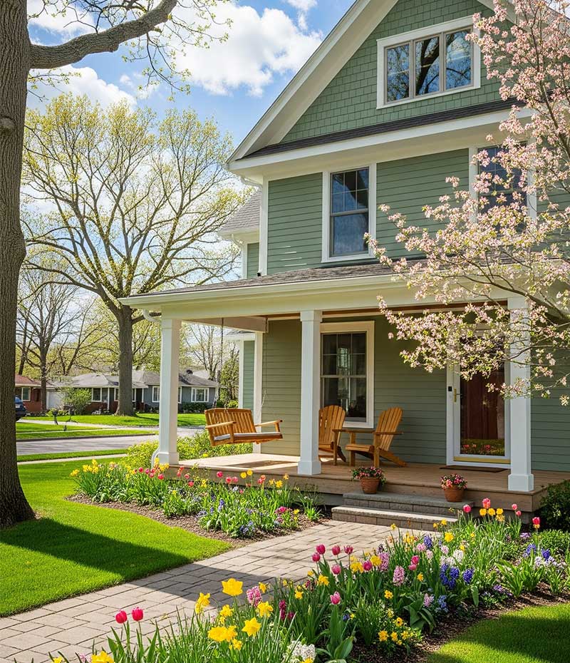 two story home in the spring time with tulips and flowering tree.