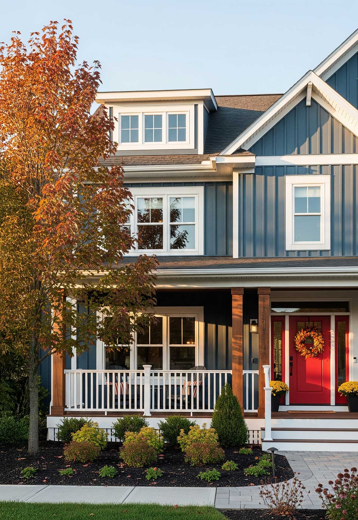 Two story blue house with red door with Fall tree outside.