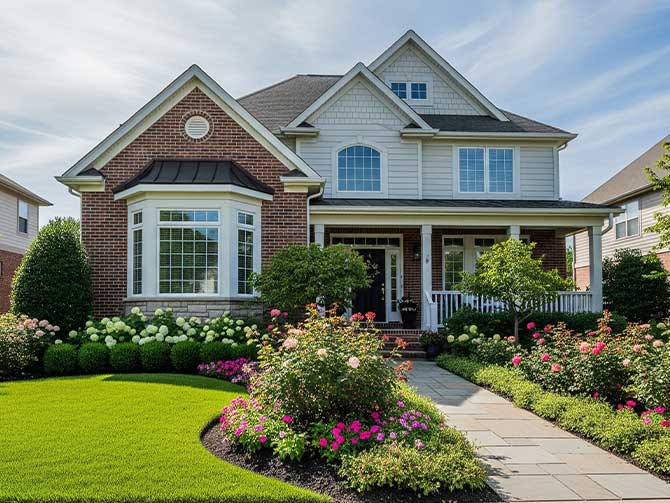 A beautiful multi-story home with a beautiful garden.