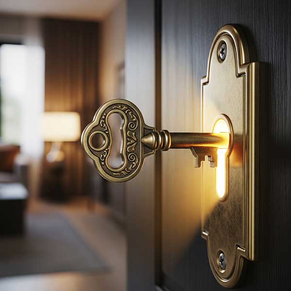 An old skeleton key in a door lock