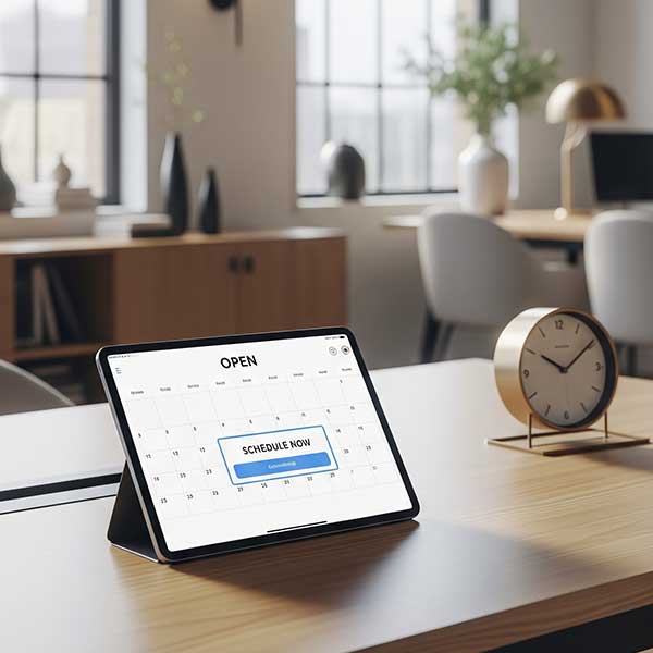 A tablet sits on a desk with a calendar open. 
