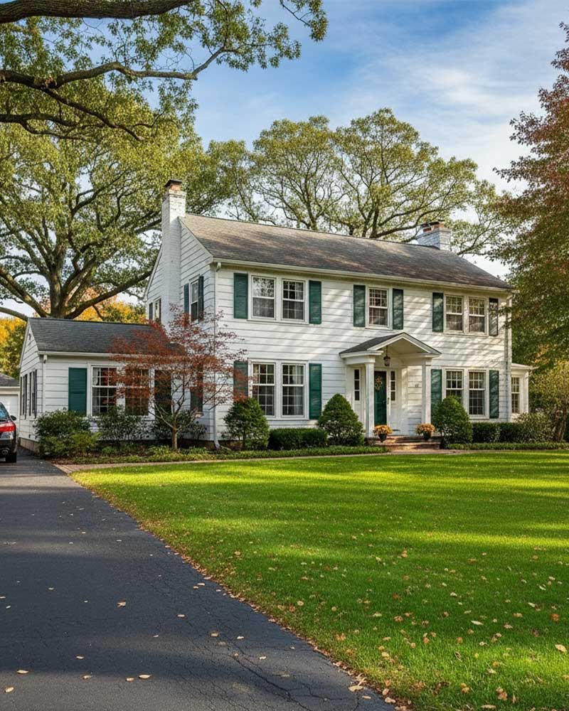 A two story home in the Fall time.
