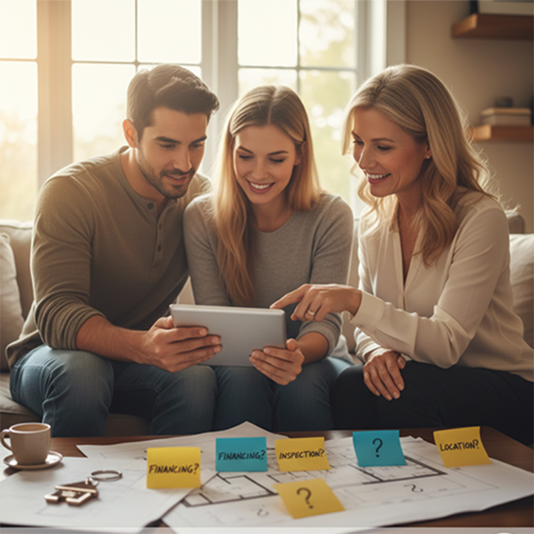 A realtor and a young couple sit on a couch and discuss real estate plans.