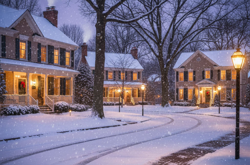 A neighborhood street with two story homes, snow covered streets during blue hour.