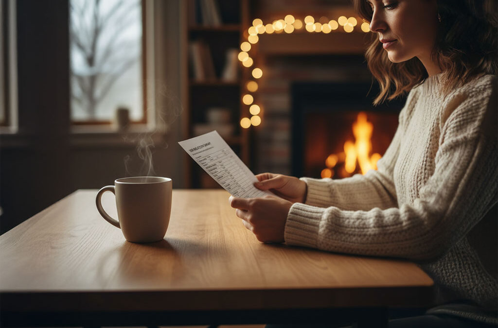 A woman sits at her table reviewing paperwork.